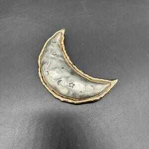 Vintage Crescent Moon Brooch Pin JJ Jonette Silver Tone Stars Figural Statement